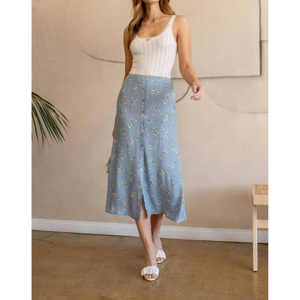 NEW THE WORKSHOP STUDIO floral button down midi skirt in dusty blue